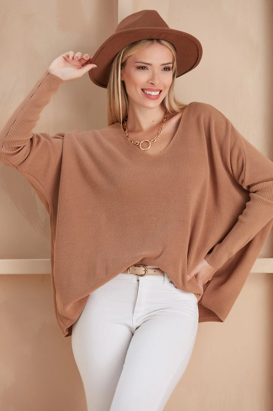 V NECK OVERSIZE CAMEL JUMPER